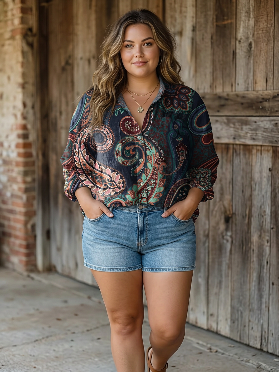 Janice | Paisley Colorful Art Print Casual Long Sleeve - Plus size model