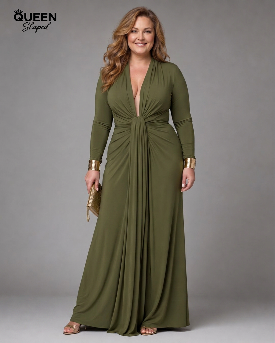 Vimmer | Draped Deep V Neck Long Sleeve Maxi Dress