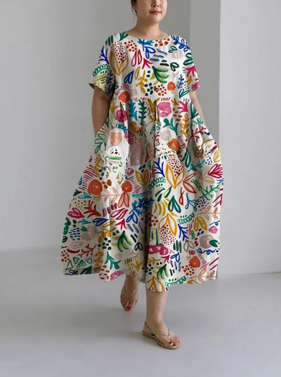 Women's Leisure Summer Flory Print Loose Round Neck Medium Length Skirt Dress - Plus size model