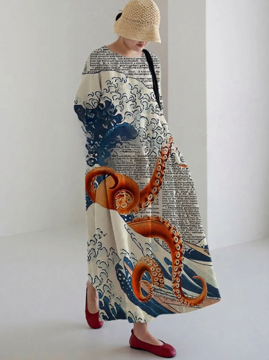 Women's Casual Janpanese Octopus Print Long Sleeve Midi Dress - Plus size model