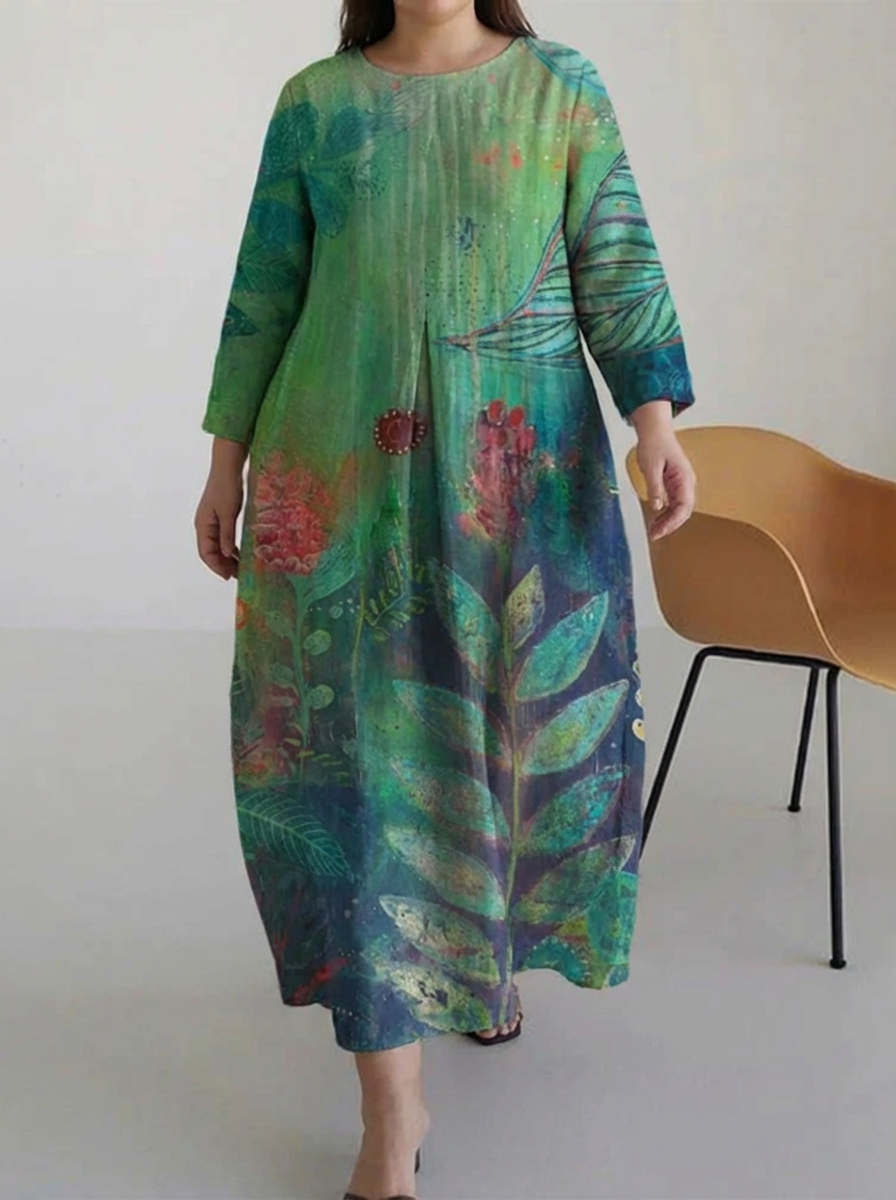 Women's Casual Multi Leaves Print Long Sleeve Midi Dress - Plus size model