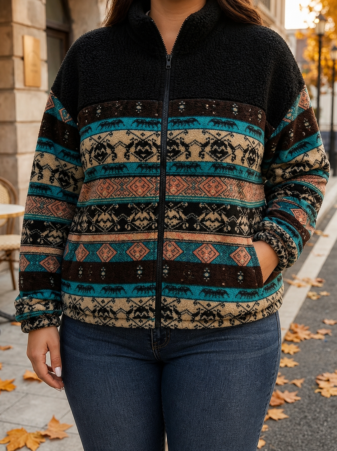 Ravella™ | Striped Aztec Sherpa Jacket - Plus size model