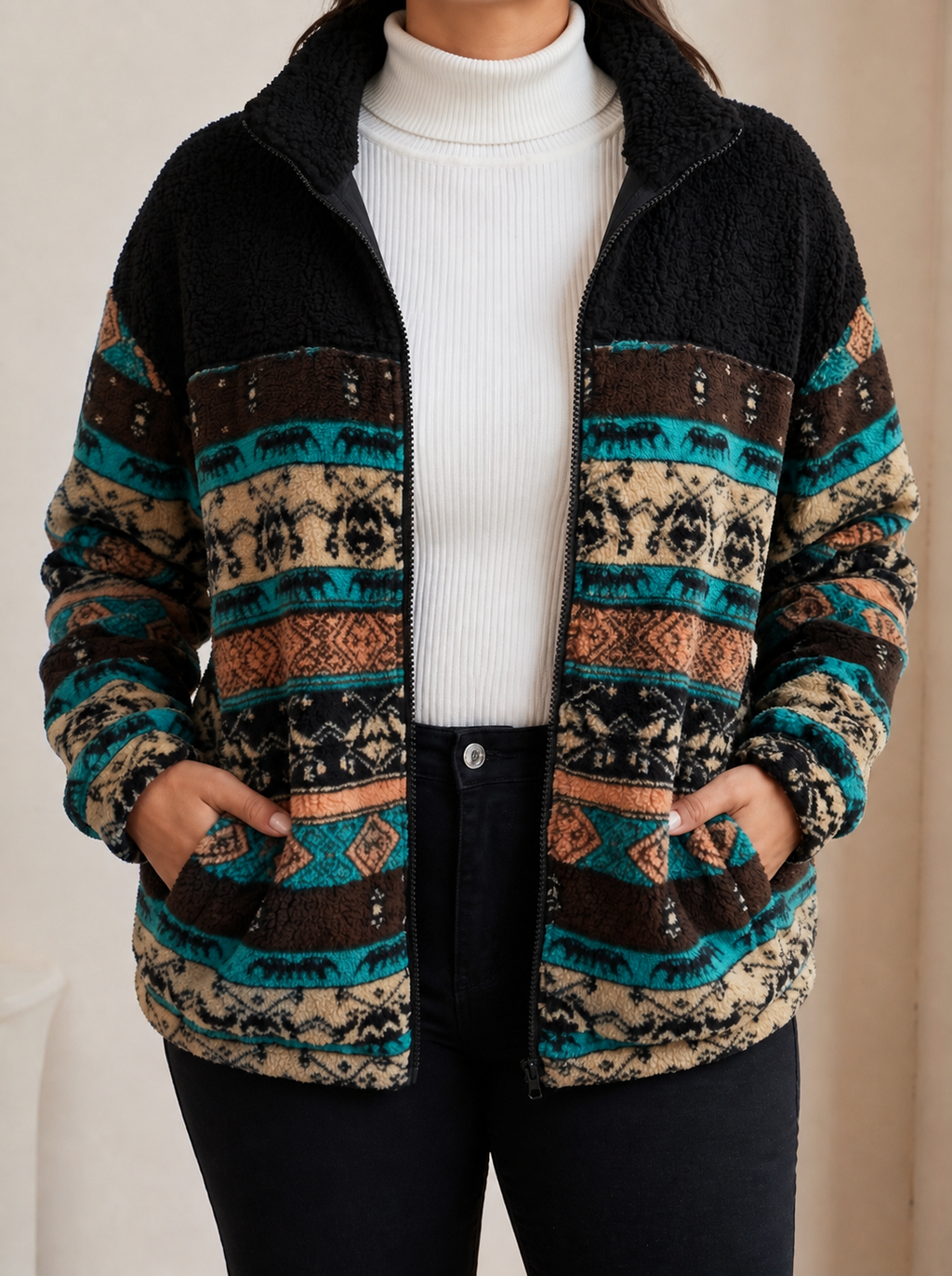 Ravella™ | Striped Aztec Sherpa Jacket - Plus size model
