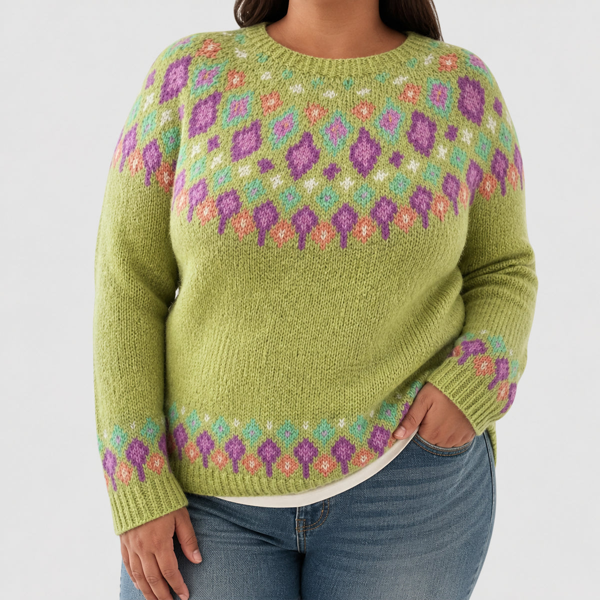 Cheryl - Retro Scandinavian knitted sweater - Plus size model