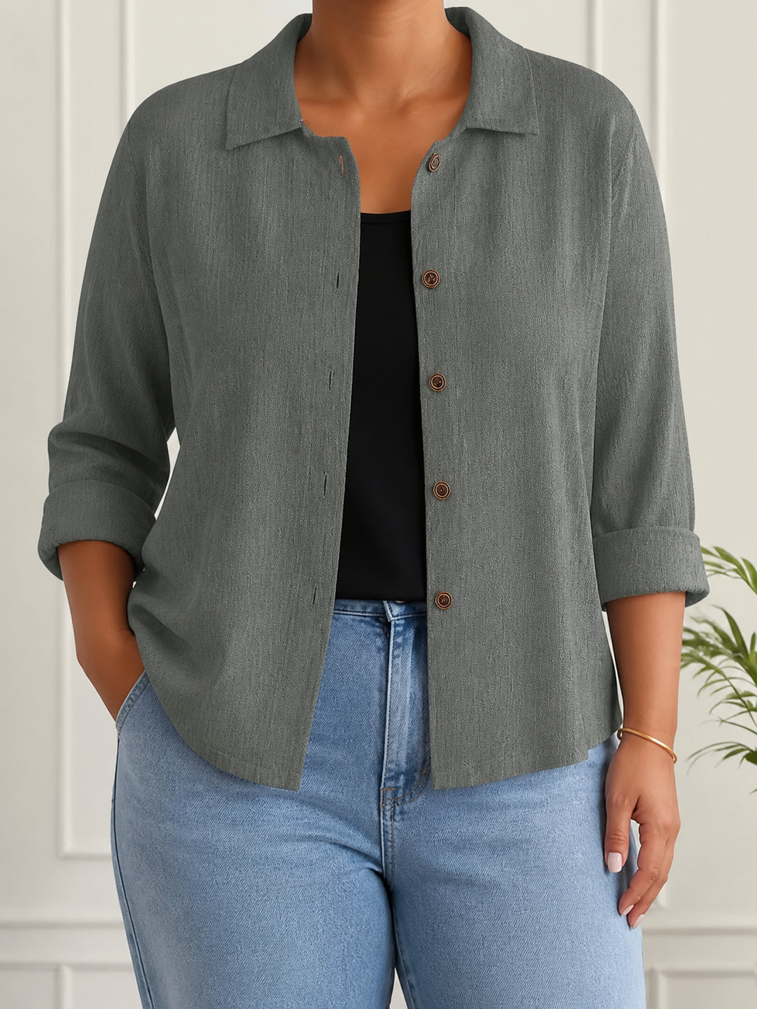 Deborah | Relaxed Crinkle-Texture Button-Front Blouse - Plus size model