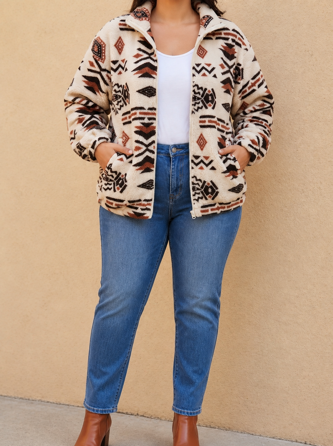 Sedona™ | Aztec Sherpa Zip Jacket - Plus size model