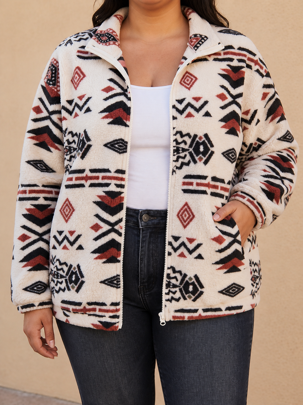 Sedona™ | Aztec Sherpa Zip Jacket - Plus size model