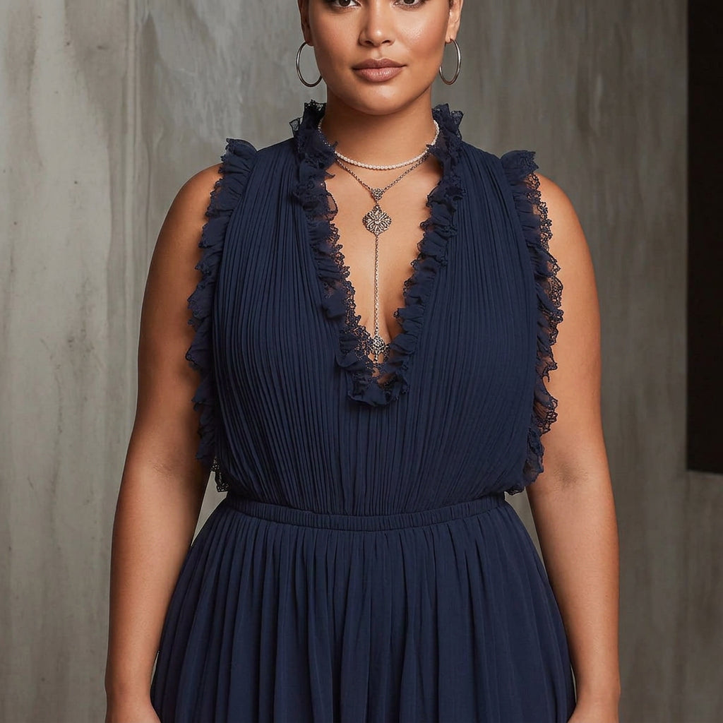 Navy blue chiffon jumpsuit with lace details and ruffle finishes - Plus size model