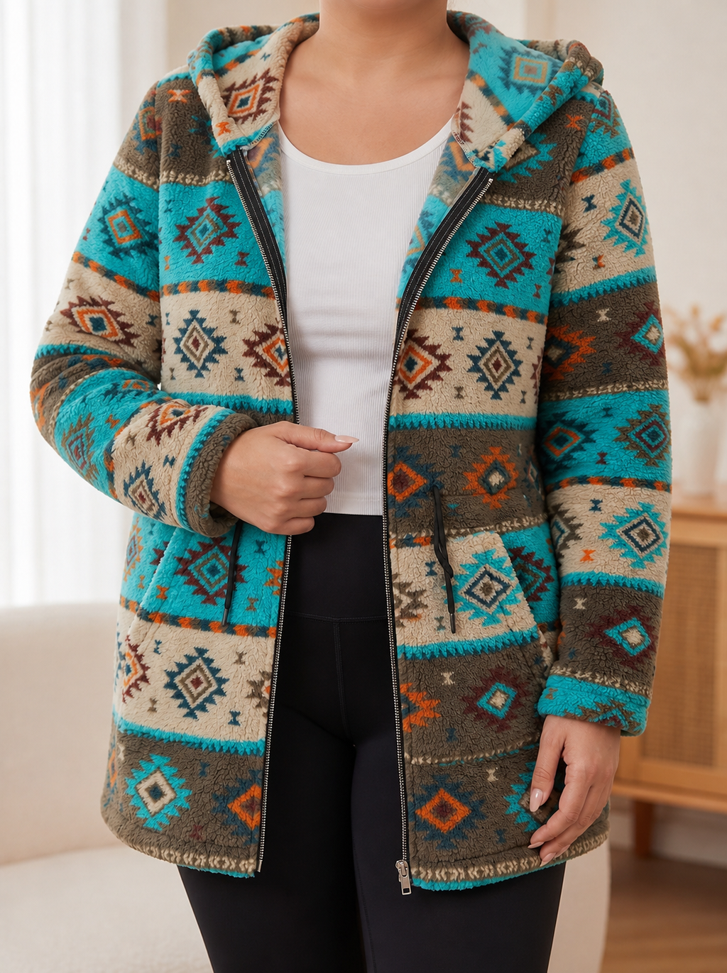 Winterbourne™ | Hooded Aztec Sherpa Coat - Plus size model
