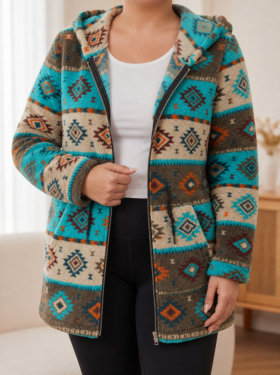 Winterbourne™ | Hooded Aztec Sherpa Coat - Plus size model