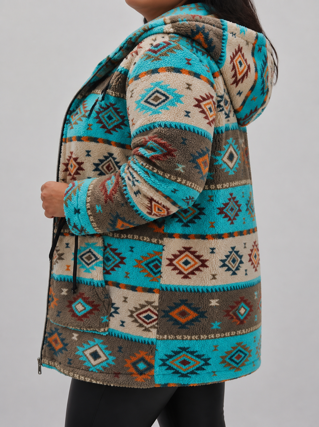 Winterbourne™ | Hooded Aztec Sherpa Coat - Plus size model