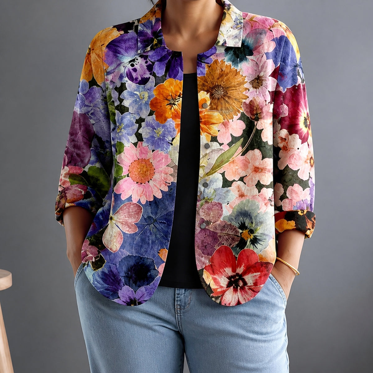 Margaret | Relaxed Floral Print Button-Front Blouse - Plus size model