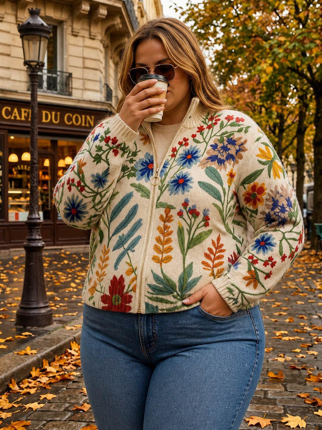 Donna | Garden Floral Zip Cardigan - Plus size model