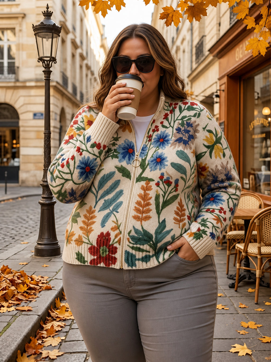 Donna | Garden Floral Zip Cardigan - Plus size model