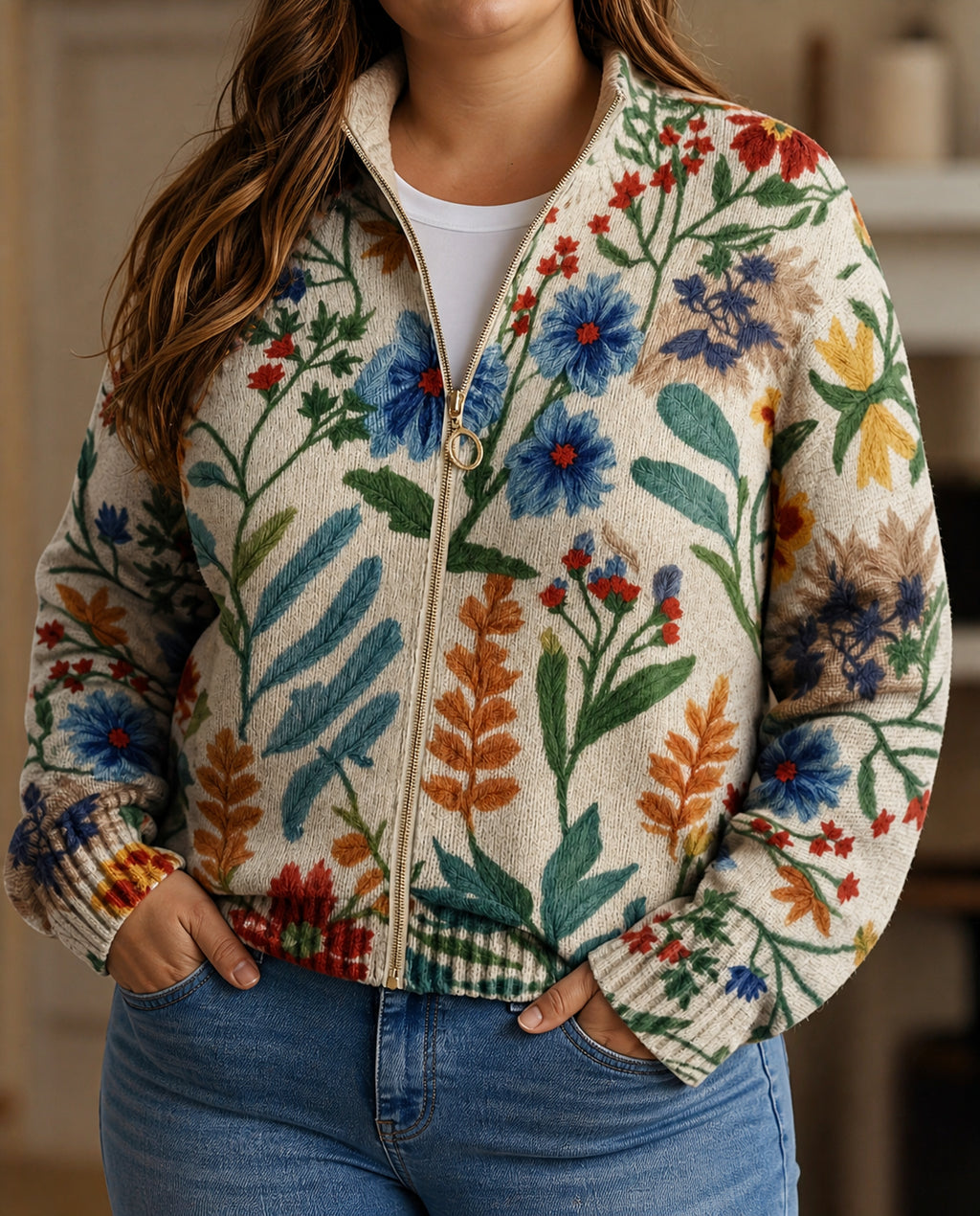 Donna | Garden Floral Zip Cardigan - Plus size model