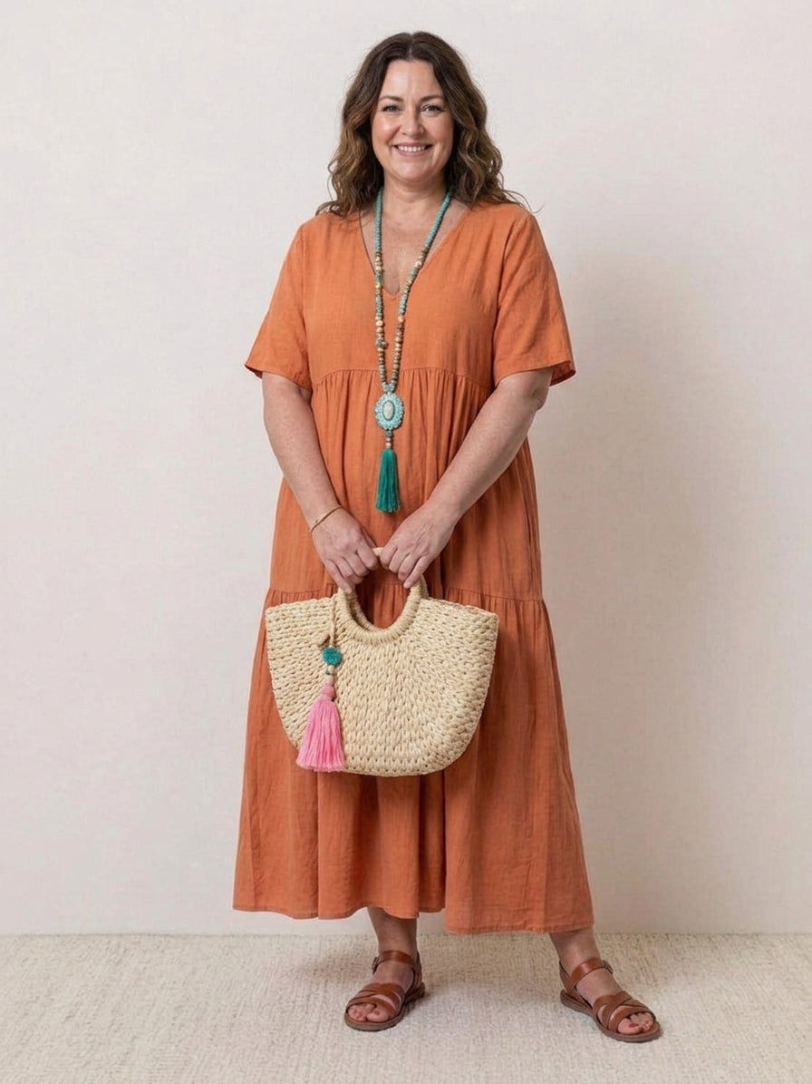 V-neck Two-Tiered Maxi Swing Dress - Plus size model