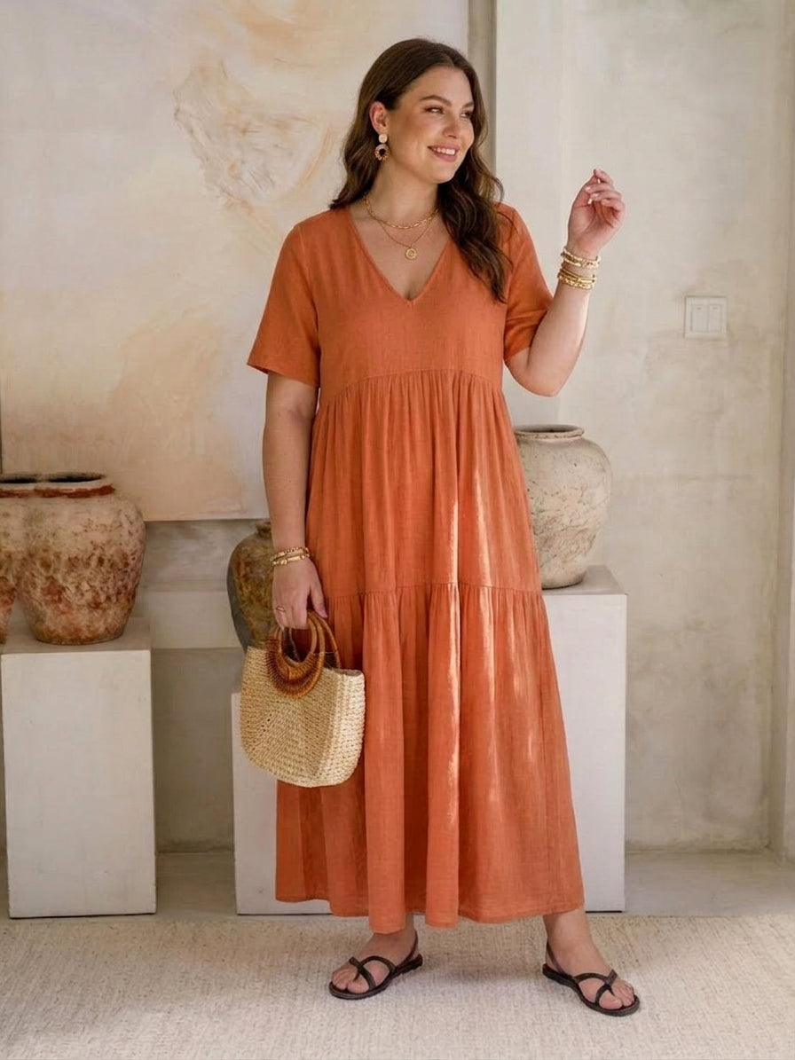 V-neck Two-Tiered Maxi Swing Dress - Plus size model