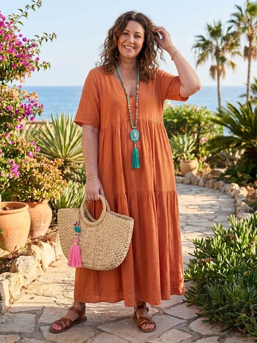V-neck Two-Tiered Maxi Swing Dress - Plus size model