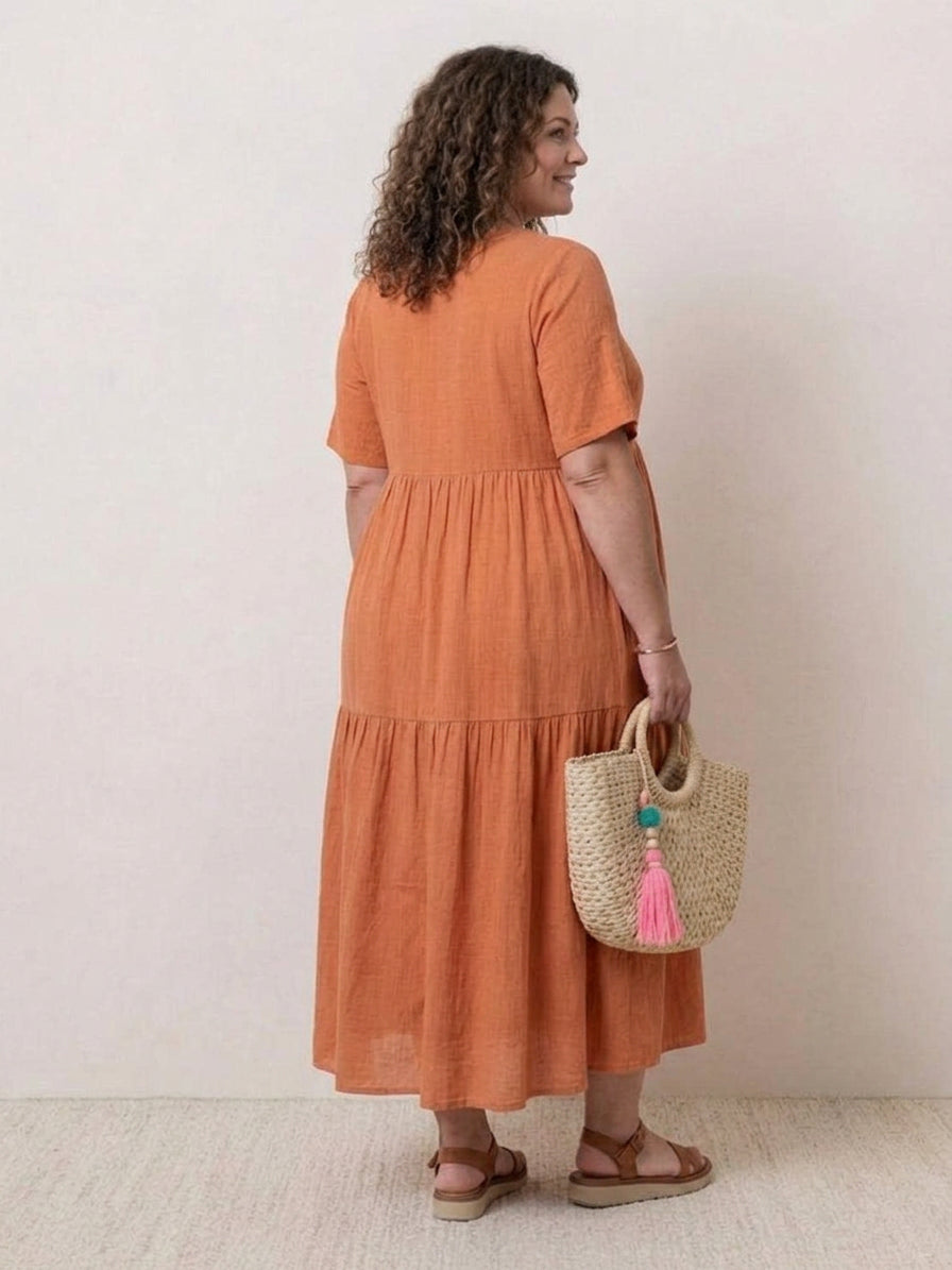 V-neck Two-Tiered Maxi Swing Dress - Plus size model