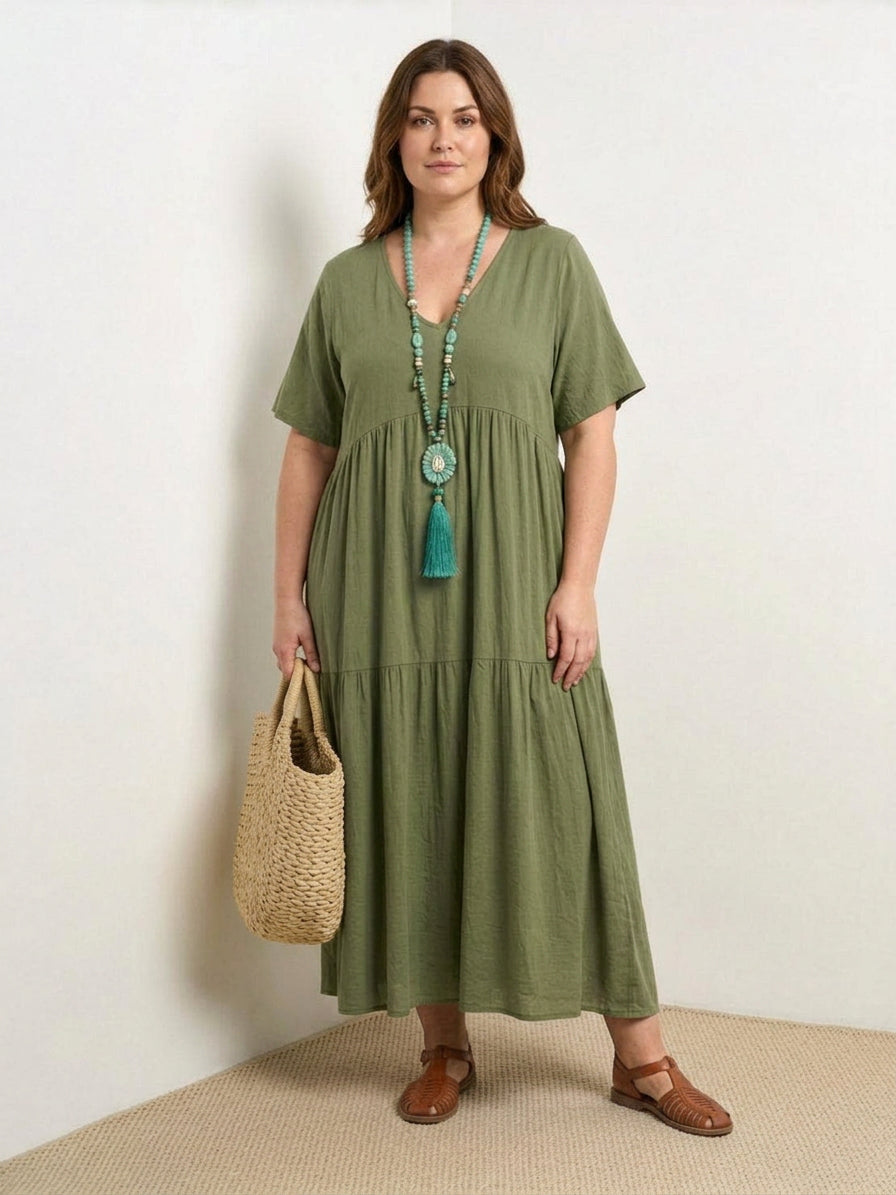 V-neck Two-Tiered Maxi Swing Dress - Plus size model