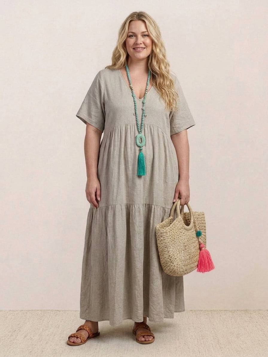 V-neck Two-Tiered Maxi Swing Dress - Plus size model