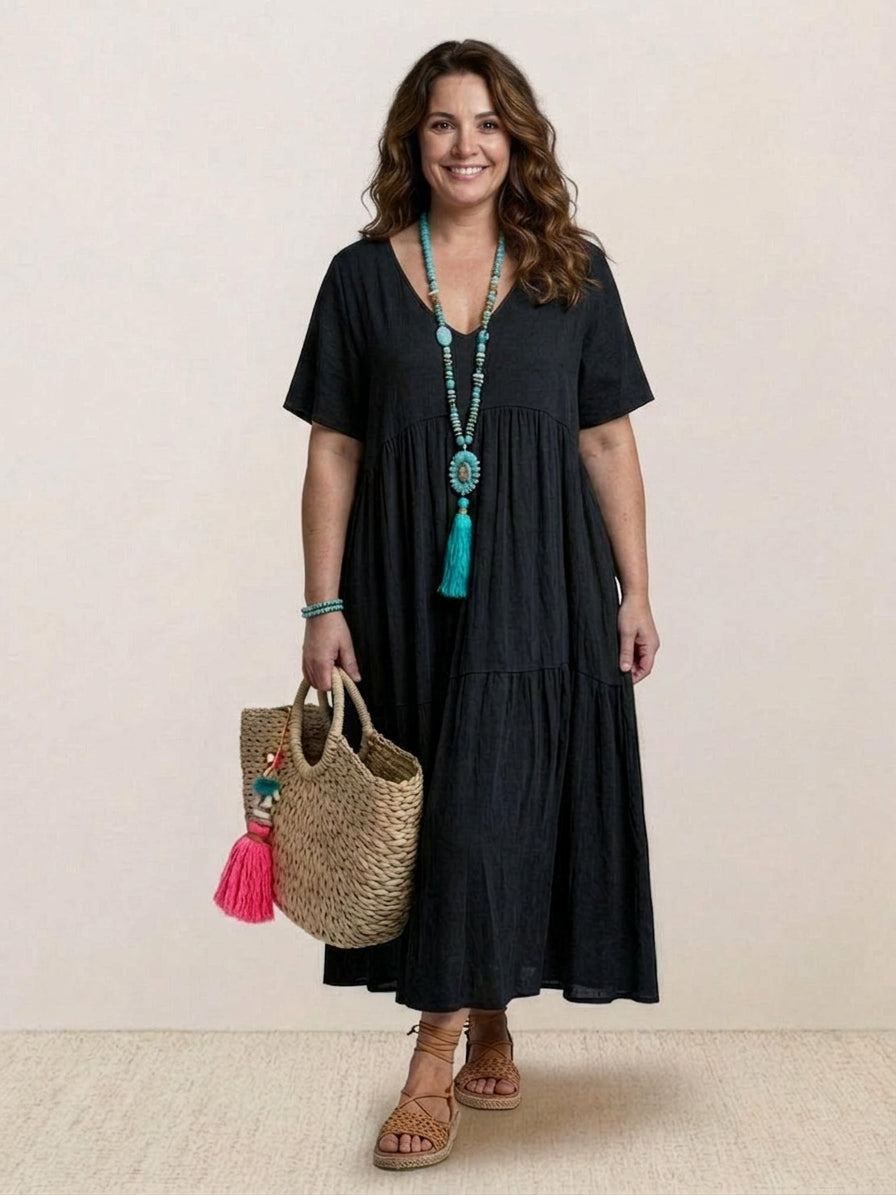 V-neck Two-Tiered Maxi Swing Dress - Plus size model