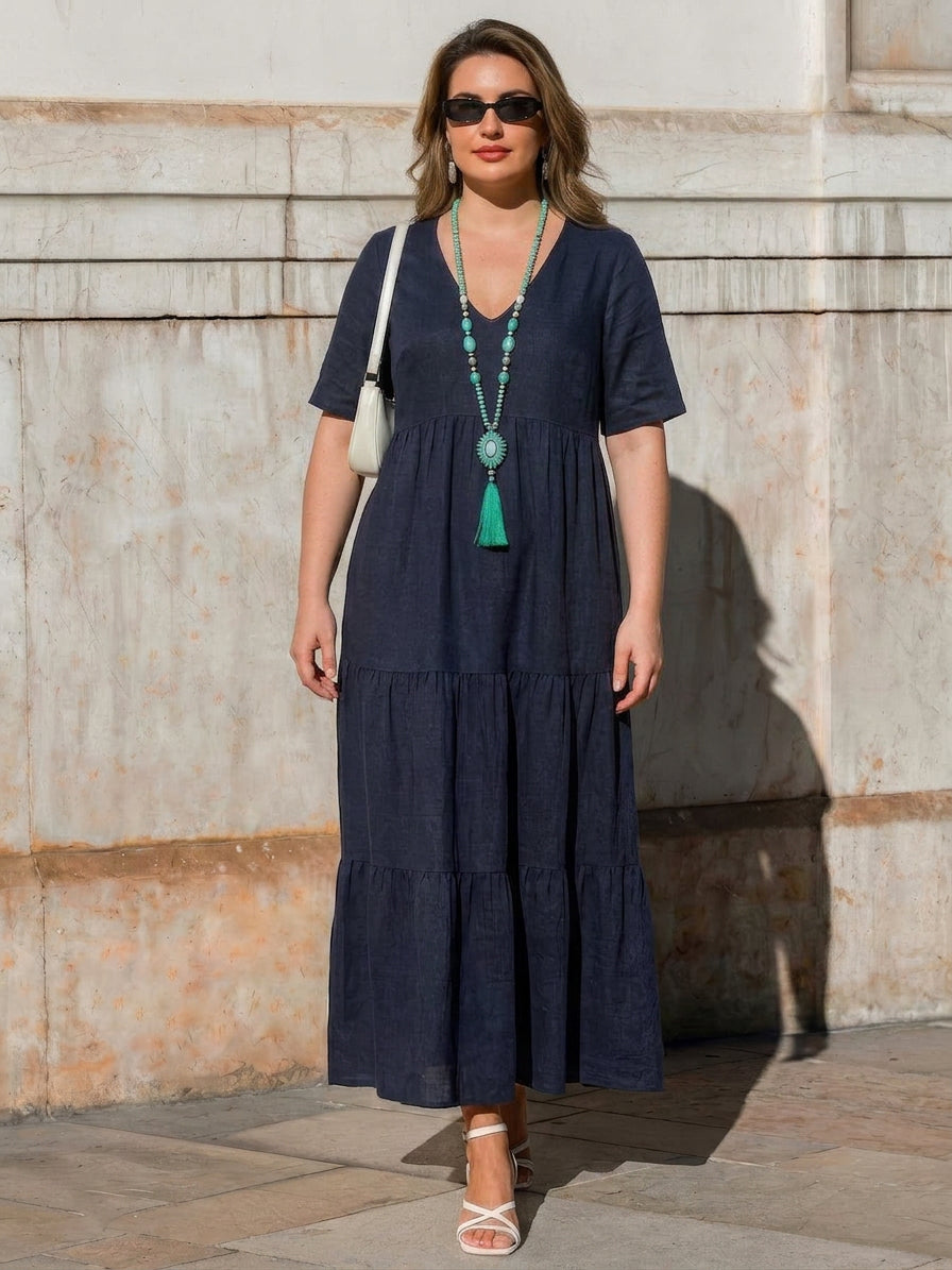 V-neck Two-Tiered Maxi Swing Dress - Plus size model