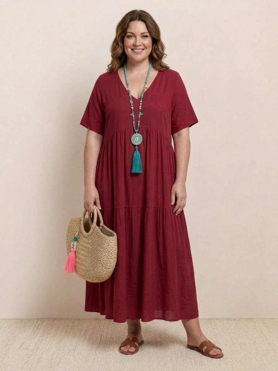 V-neck Two-Tiered Maxi Swing Dress - Plus size model