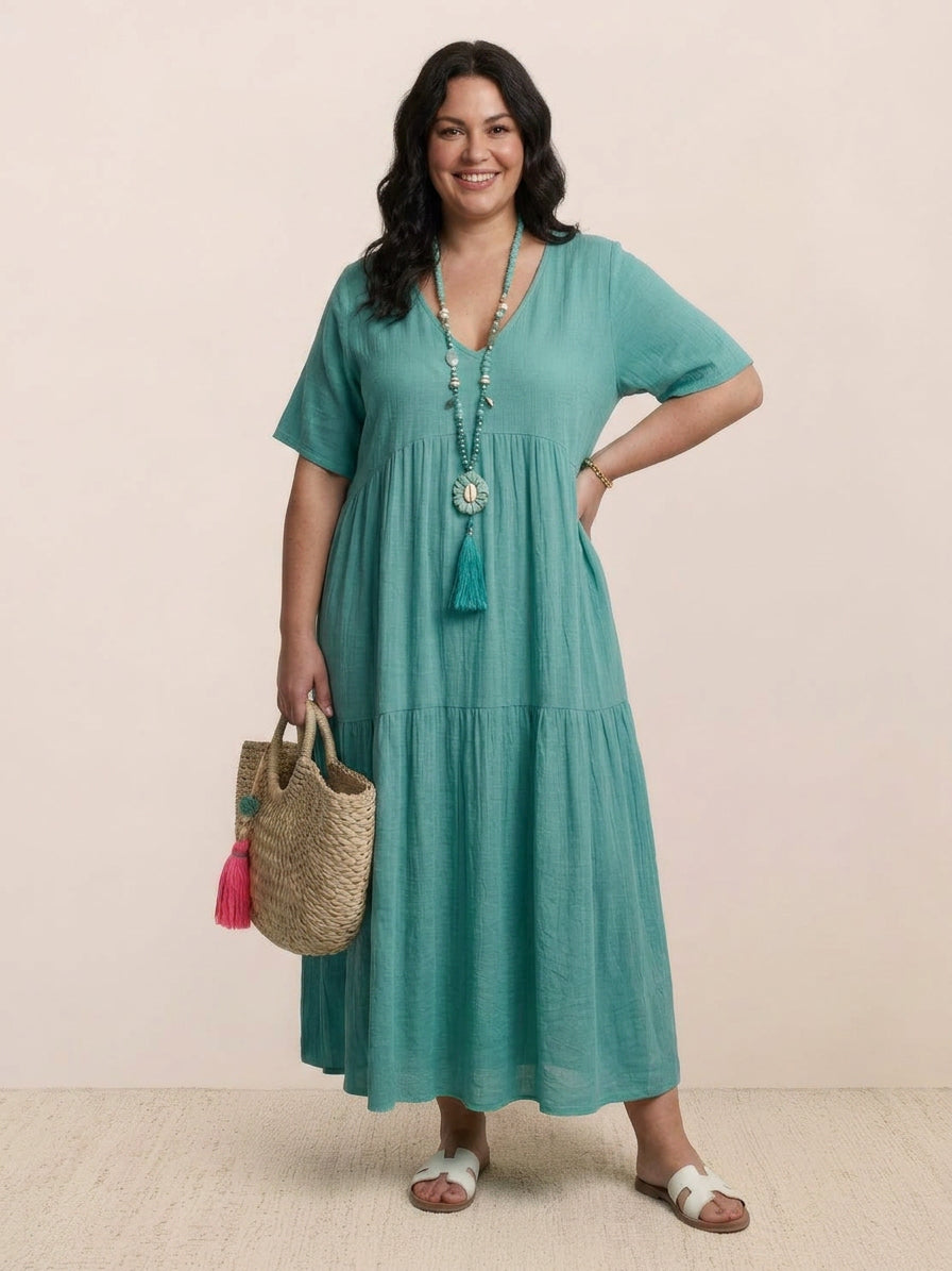V-neck Two-Tiered Maxi Swing Dress - Plus size model