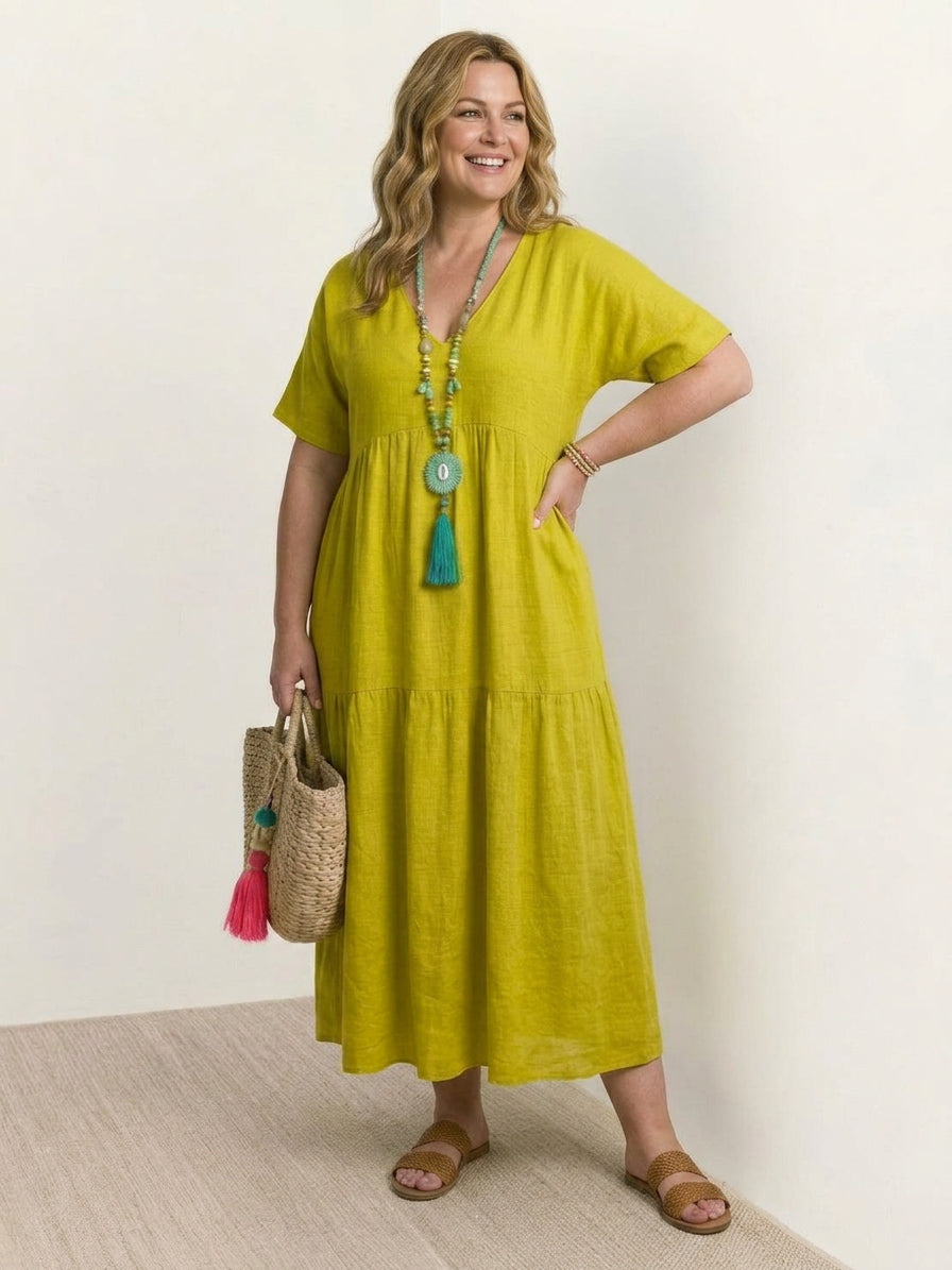 V-neck Two-Tiered Maxi Swing Dress - Plus size model