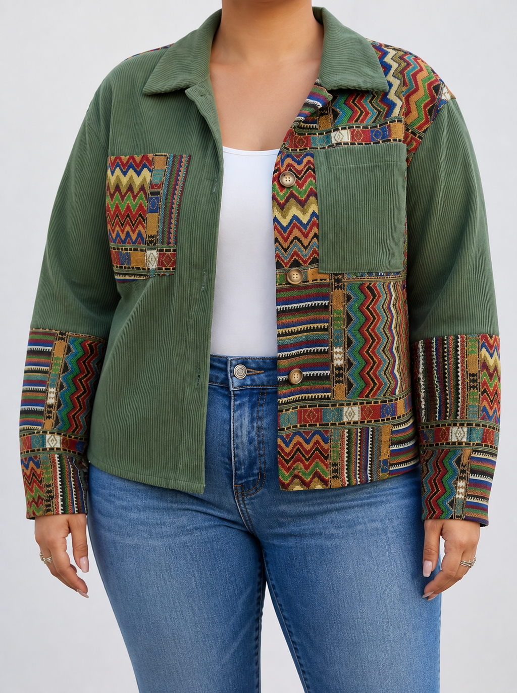 Orlaith™ | Patchwork Corduroy Jacket - Plus size model