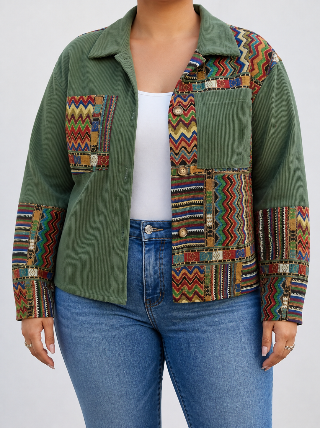 Orlaith™ | Patchwork Corduroy Jacket - Plus size model