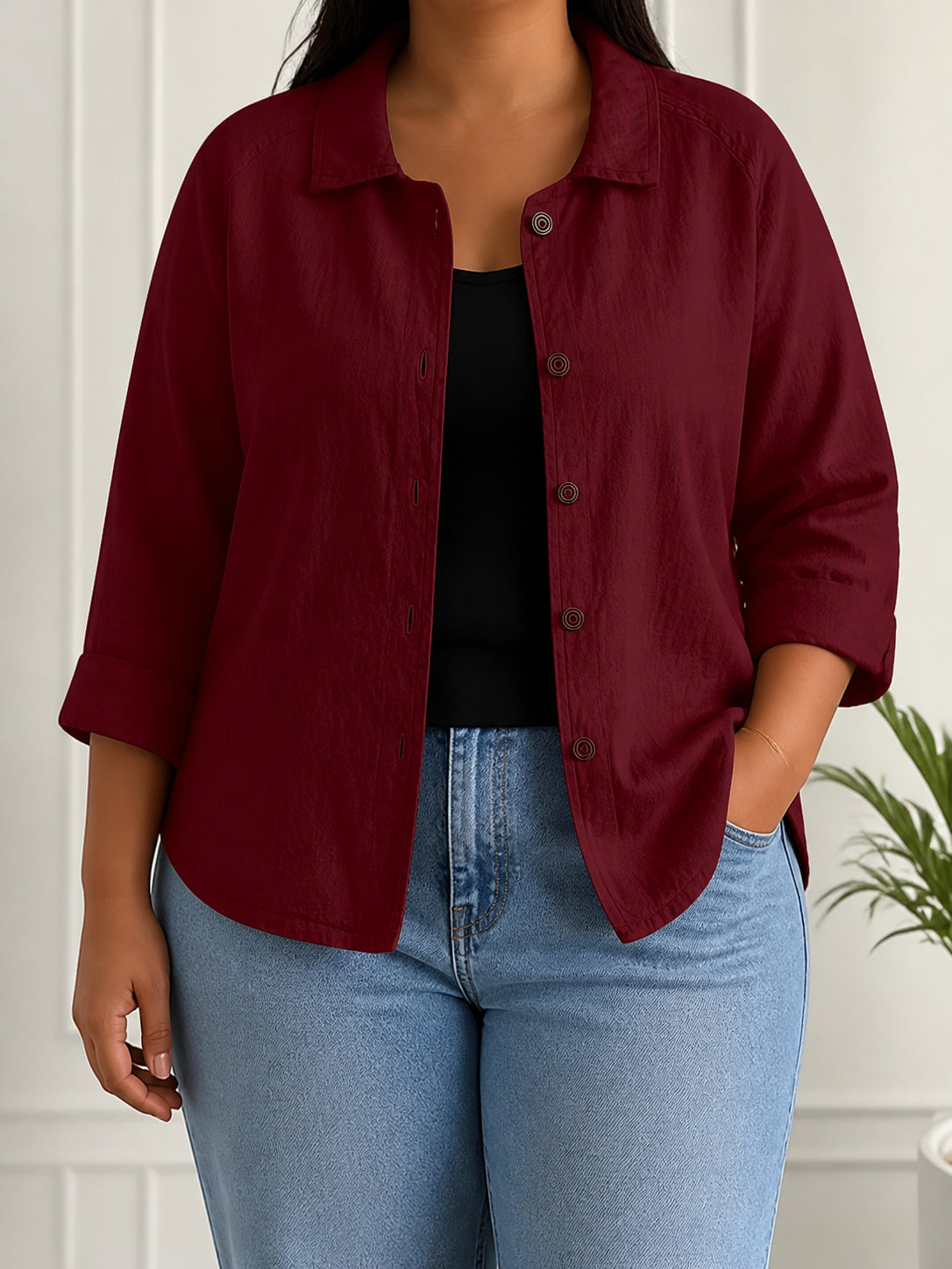 Diane | Wine Red Loose Point-Collar Blouse - Plus size model