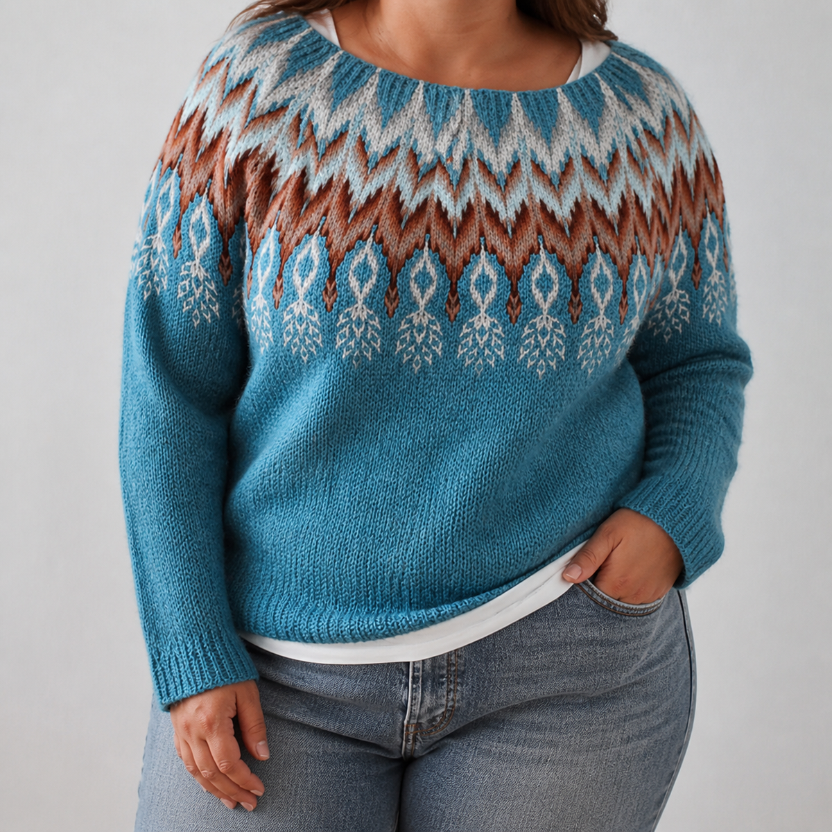 Eva - Retro Scandinavian knitted sweater - Plus size model