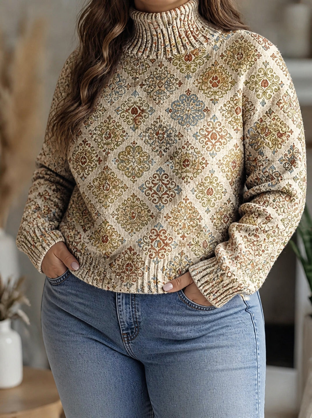 Wilhelmina | Tiled Damask Turtleneck - Plus size model