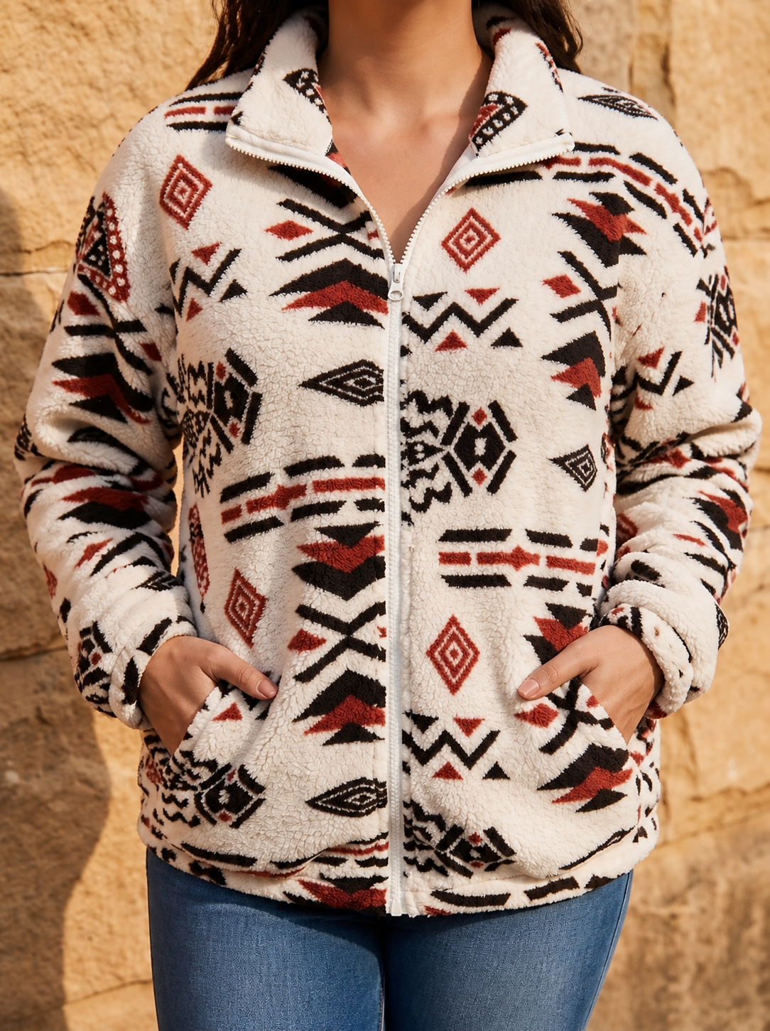 Winslow™ | Hooded Aztec Sherpa Jacket - Plus size model