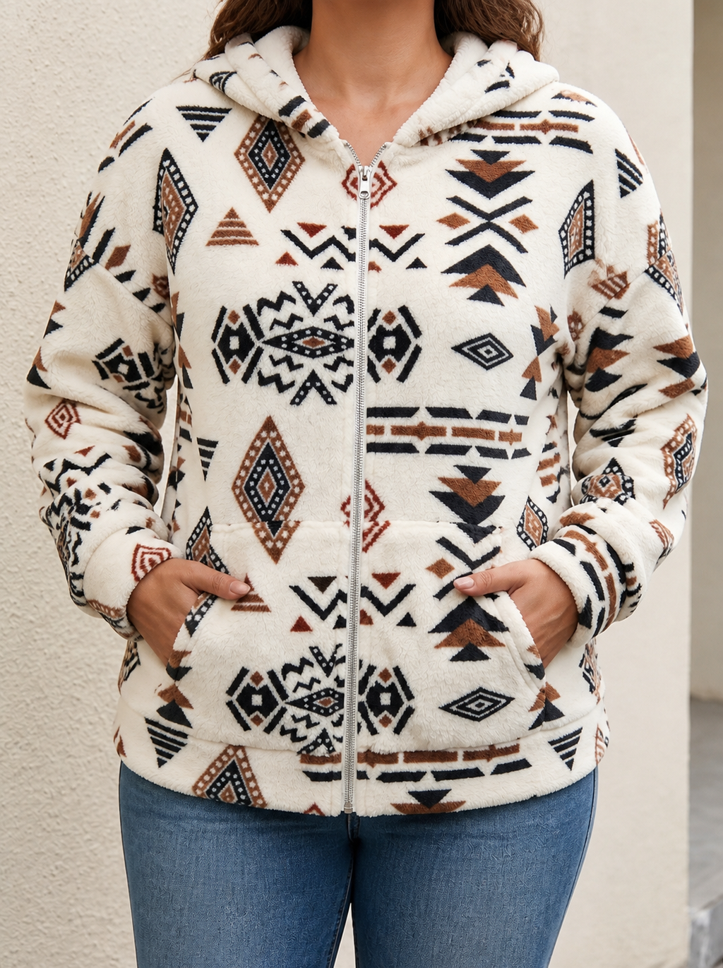Winslow™ | Hooded Aztec Sherpa Jacket - Plus size model