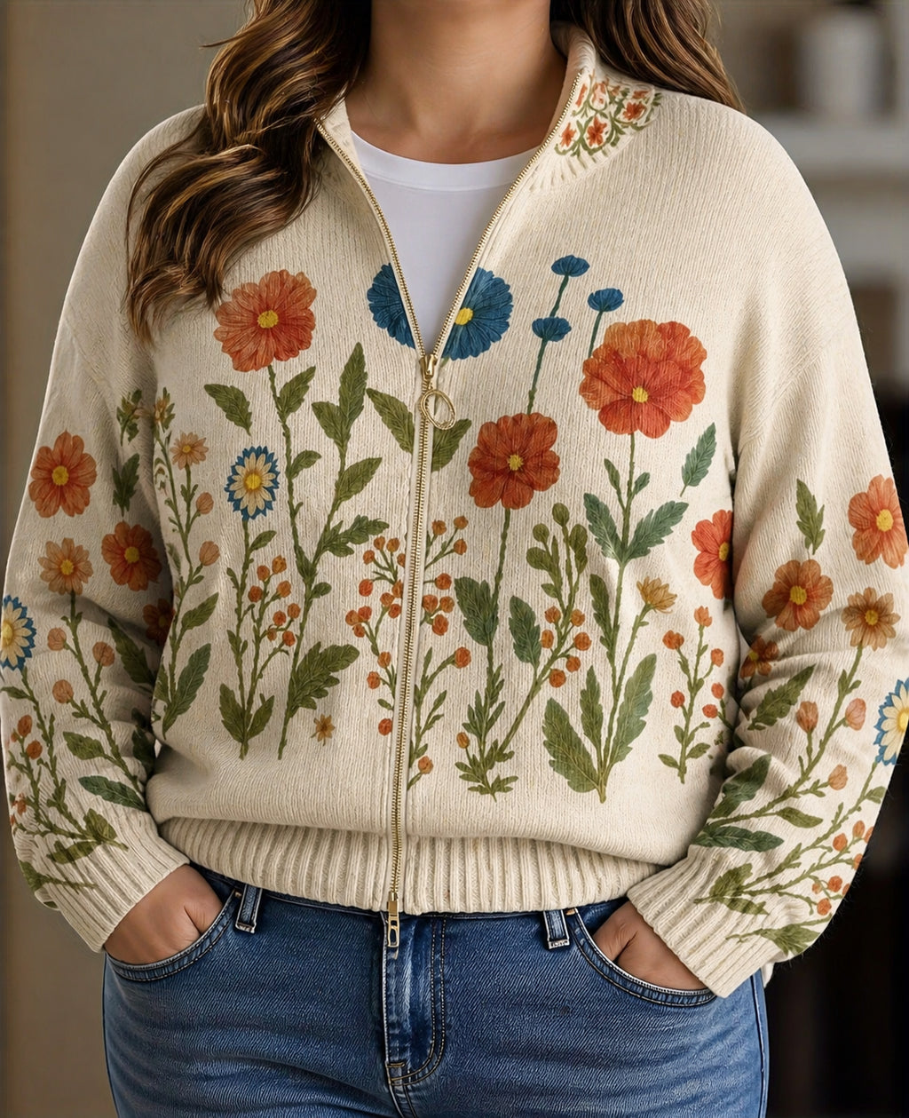 Sharon | Wildflower Meadow Zip Cardigan - Plus size model