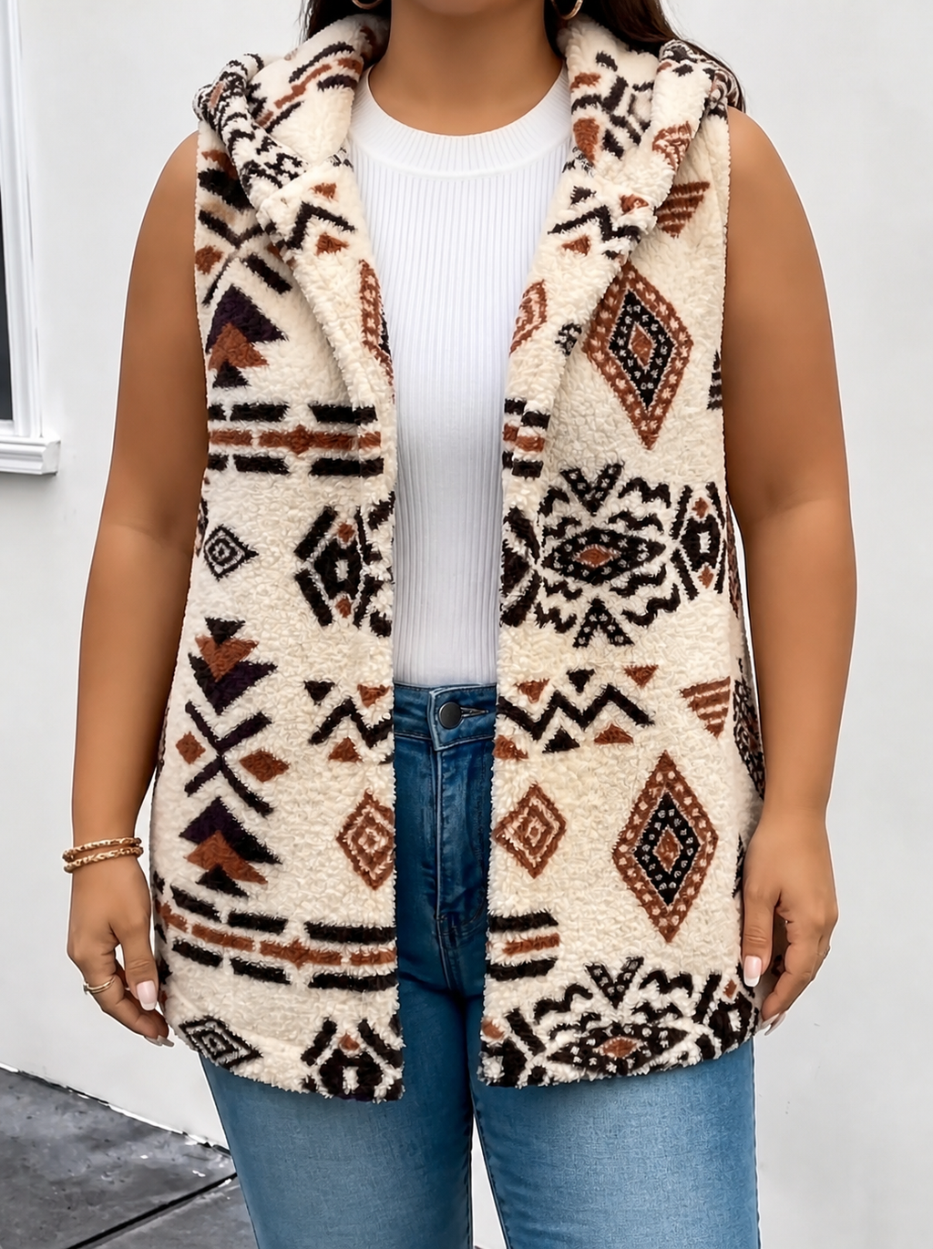 Wynstead™ | Hooded Aztec Sherpa Vest - Plus size model