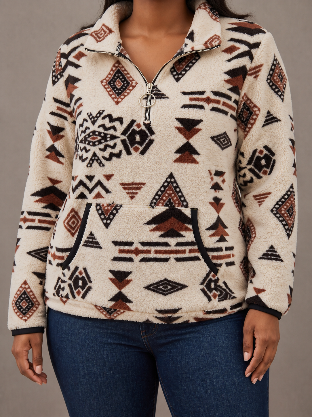 Wynora™ | Aztec Half-Zip Sherpa Pullover - Plus size model