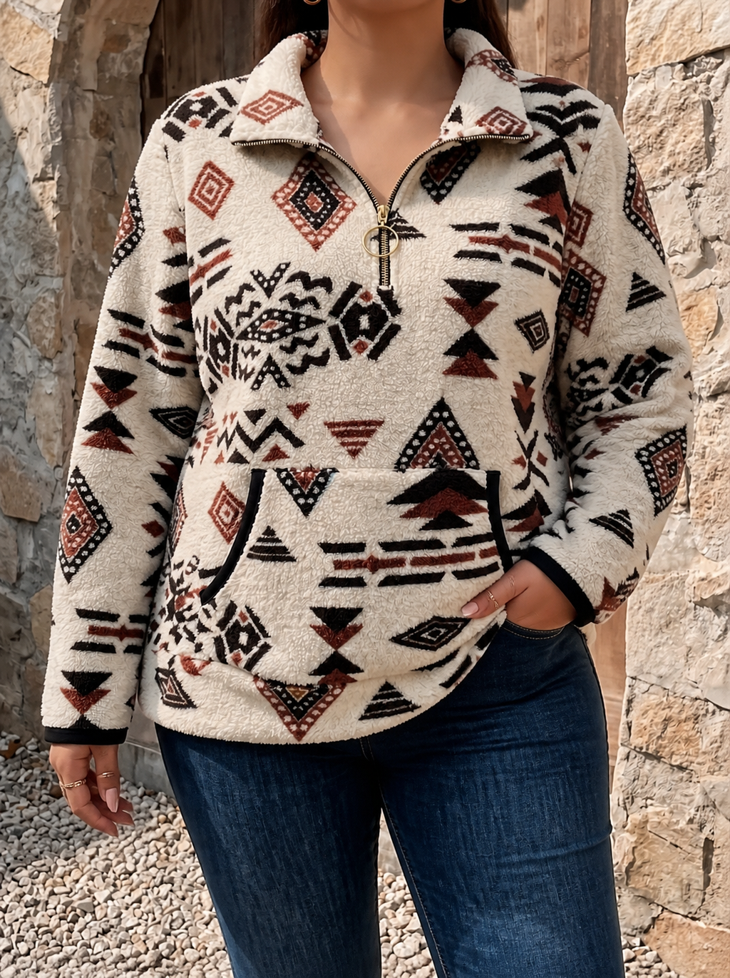 Wynora™ | Aztec Half-Zip Sherpa Pullover - Plus size model