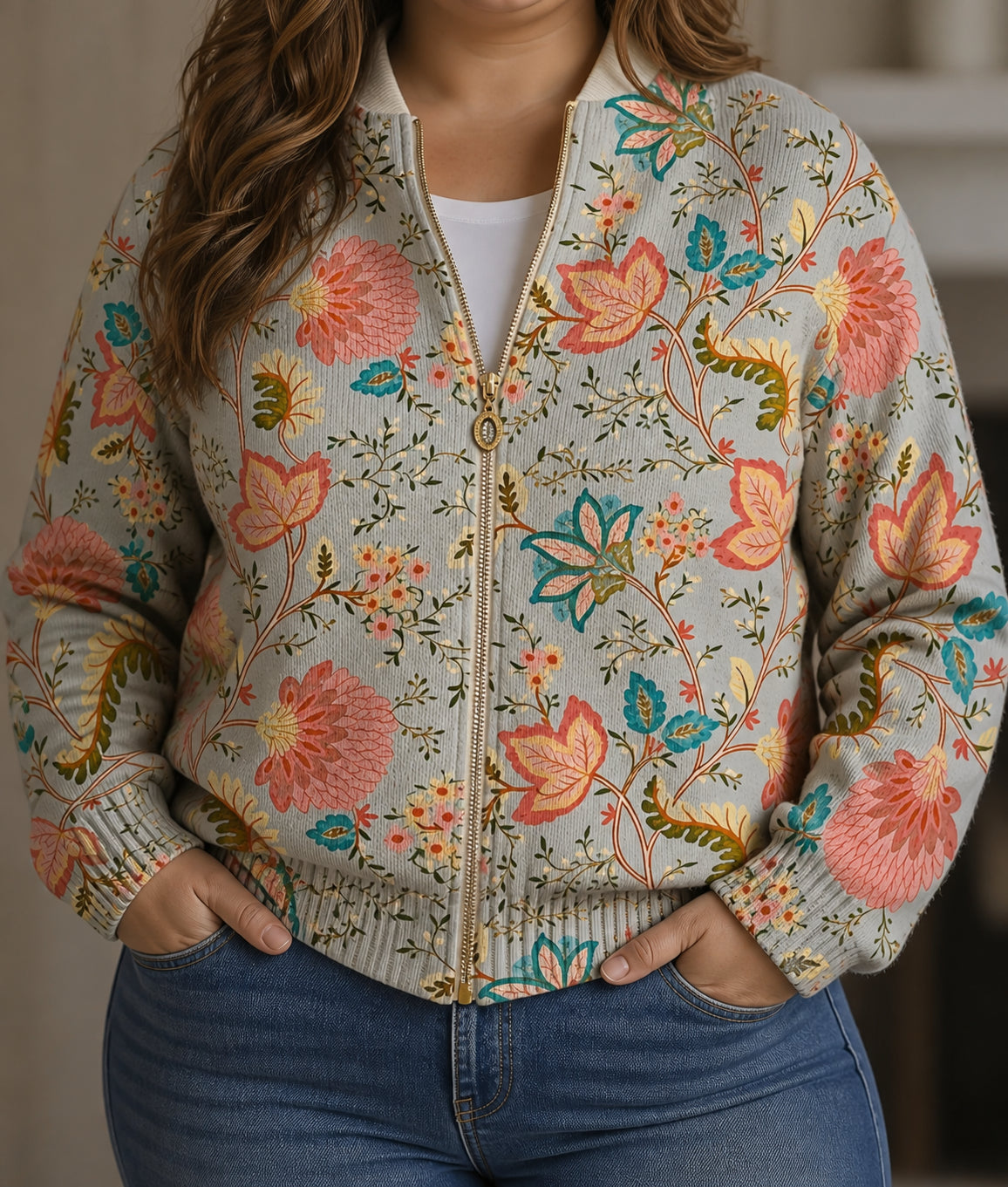 Nancy | Vintage Floral Zip Cardigan - Plus size model