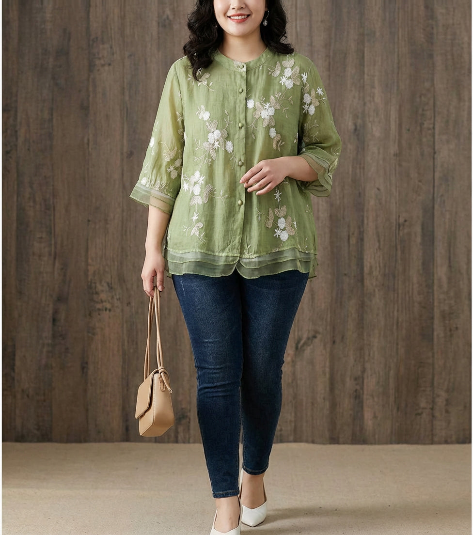 Kourtney | Chic Blouse with Floral Accents - Plus size model