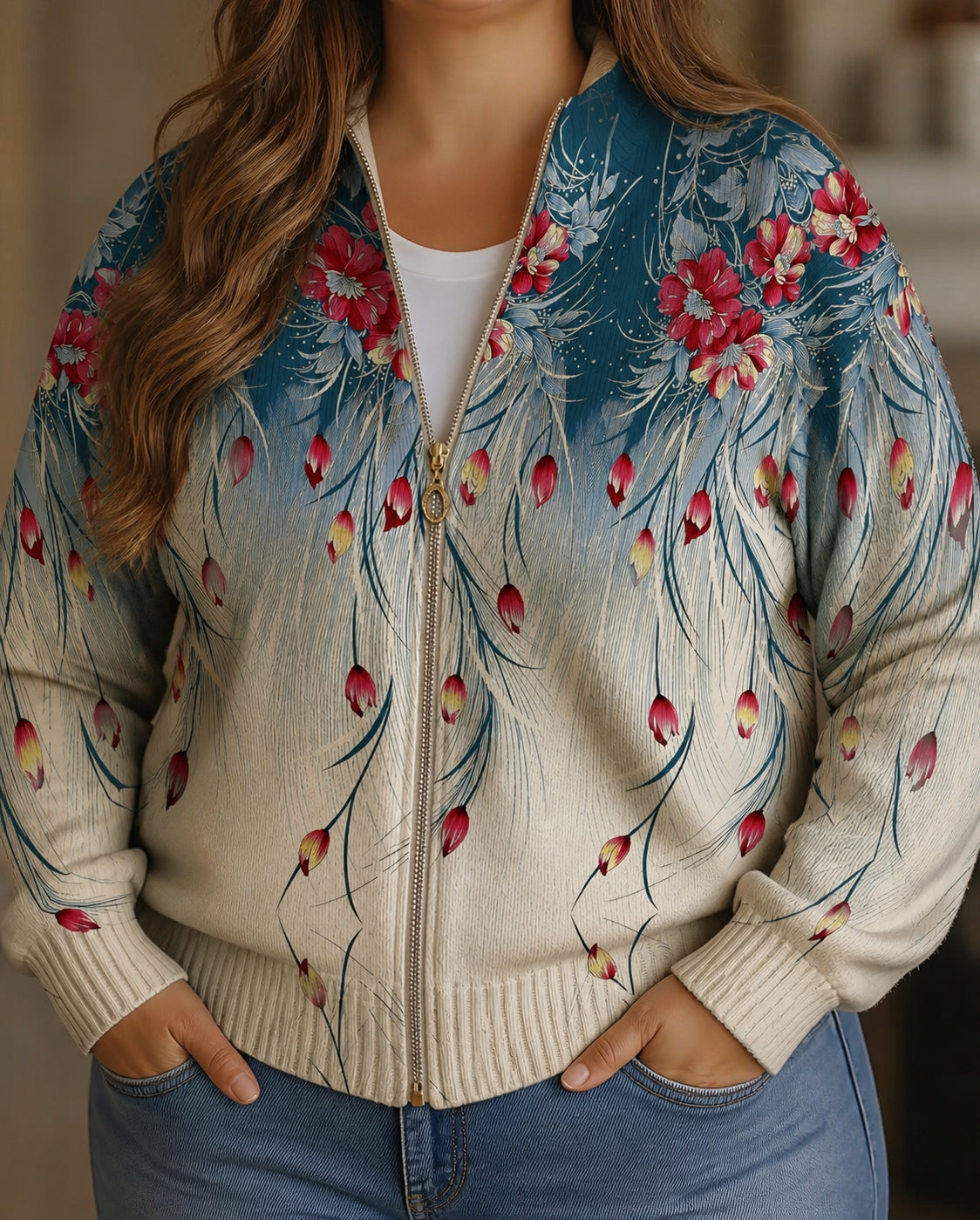 Karen | Floral Peacock Zip Cardigan - Plus size model